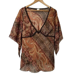 90s Y2K Vtg Talent Top 1XL Paisley Boho Fairy Grunge Whimsigoth Sheer V neck